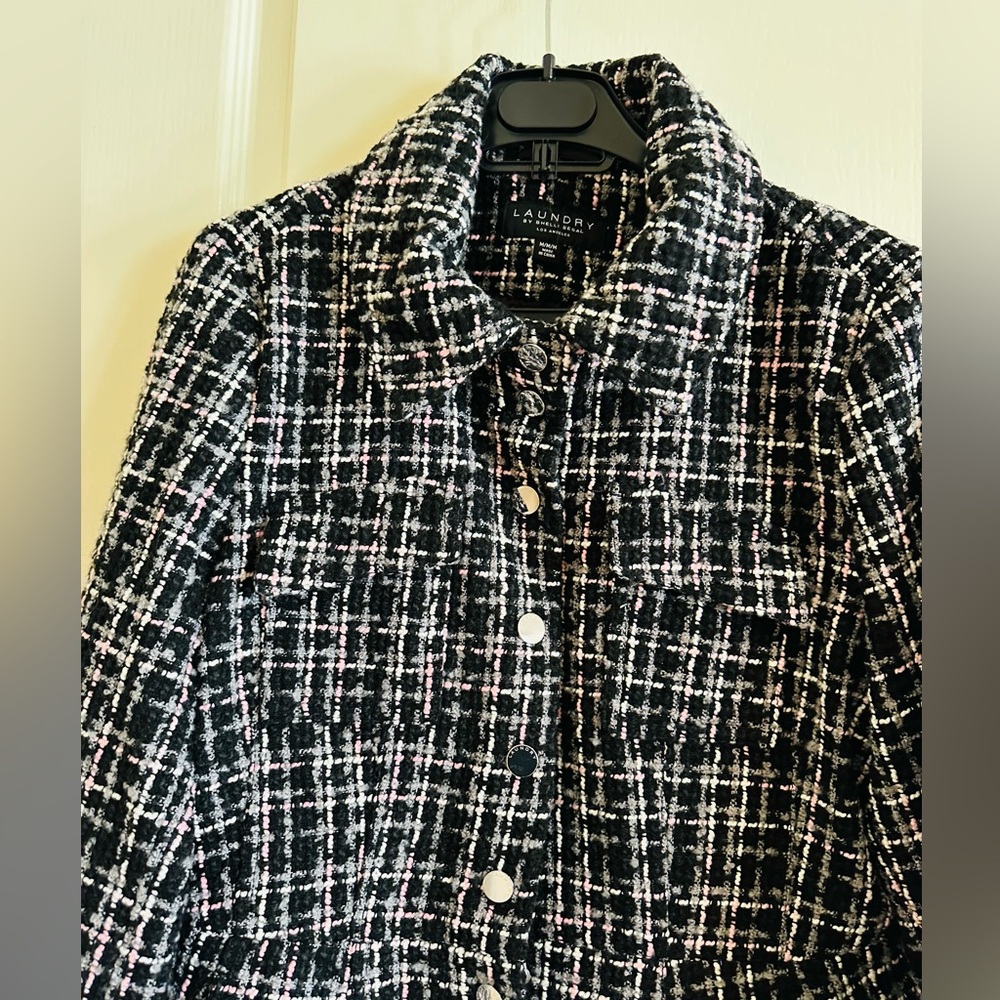 NWT Laundry by Shelli Segal Tweed Plaid Coat Jacket Fit & Flare Women Black -M - Picture 2 of 16